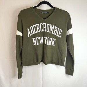 Abercrombie & Fitch Womens S Olive Green Waffle Knit V-Neck Varsity Graphic Top